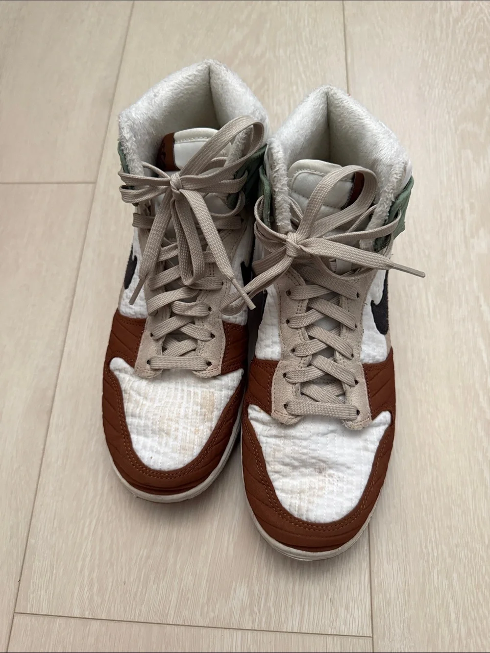 Nike Next Nature Toasty White Brown Green Dunks Sneakers with Black Swoosh